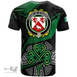 ScotsTee Shop Irish House of O CASSIDY Coat of Arms Irish T Shirt Irish Celtic Cross & Shamrock