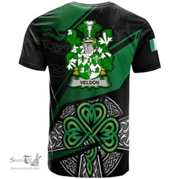 ScotsTee Shop Irish Veldon Coat of Arms Irish T Shirt Irish Celtic Cross & Shamrock