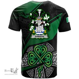ScotsTee Shop Irish Rawson Coat of Arms Irish T Shirt Irish Celtic Cross & Shamrock