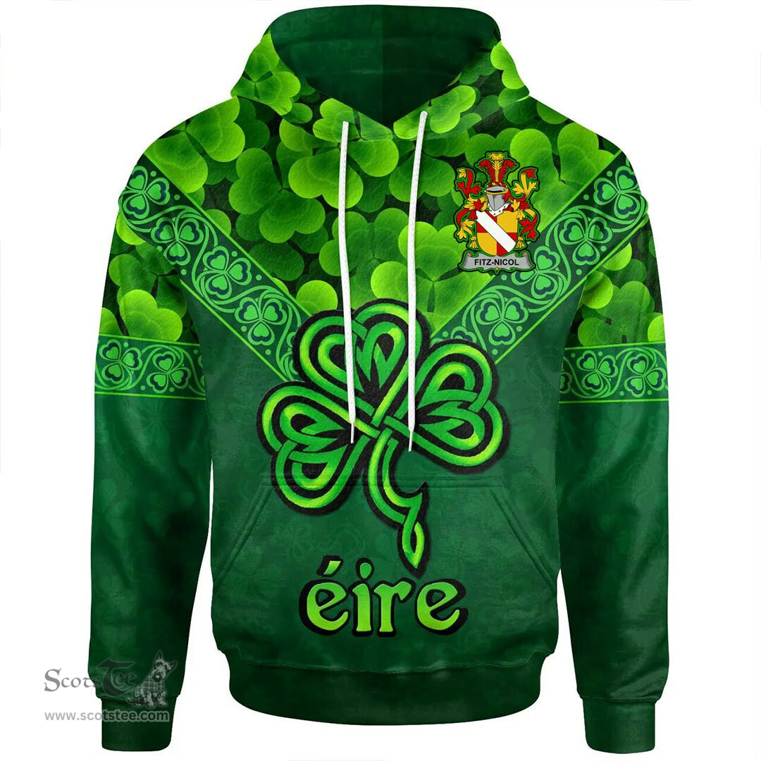 ScotsTee Shop Irish Fitz-Nicol Coat of Arms Irish Hoodie Ireland Shamrock Triangle Style