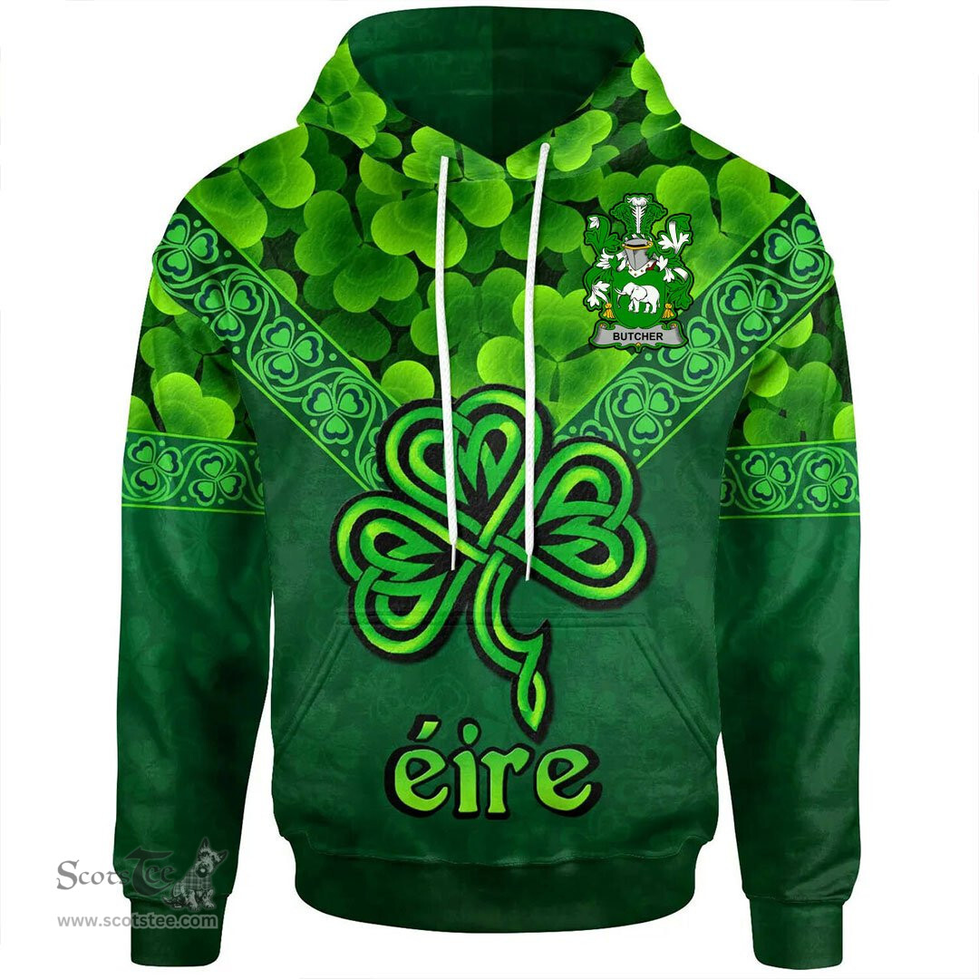 ScotsTee Shop Irish Butcher Coat of Arms Irish Hoodie Ireland Shamrock Triangle Style