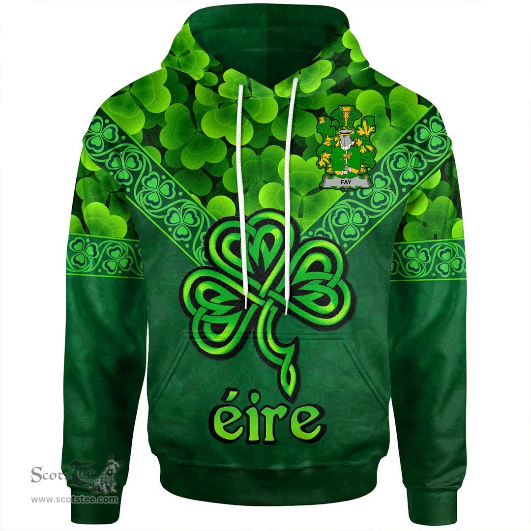 ScotsTee Shop Irish Fay or O'Fee Coat of Arms Irish Hoodie Ireland Shamrock Triangle Style