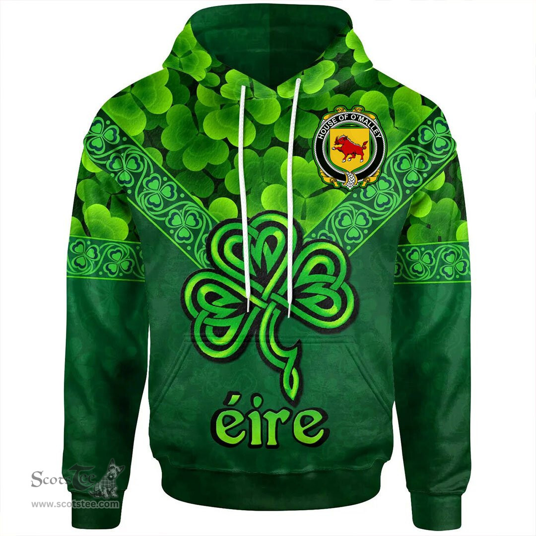 ScotsTee Shop Irish House of O'MALLEY Coat of Arms Irish Hoodie Ireland Shamrock Triangle Style