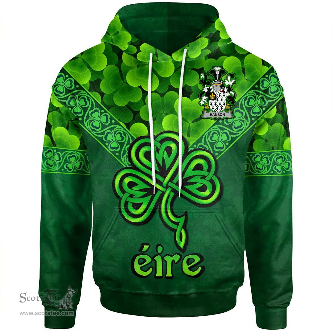 ScotsTee Shop Irish Hanson or O'Hanson Coat of Arms Irish Hoodie Ireland Shamrock Triangle Style