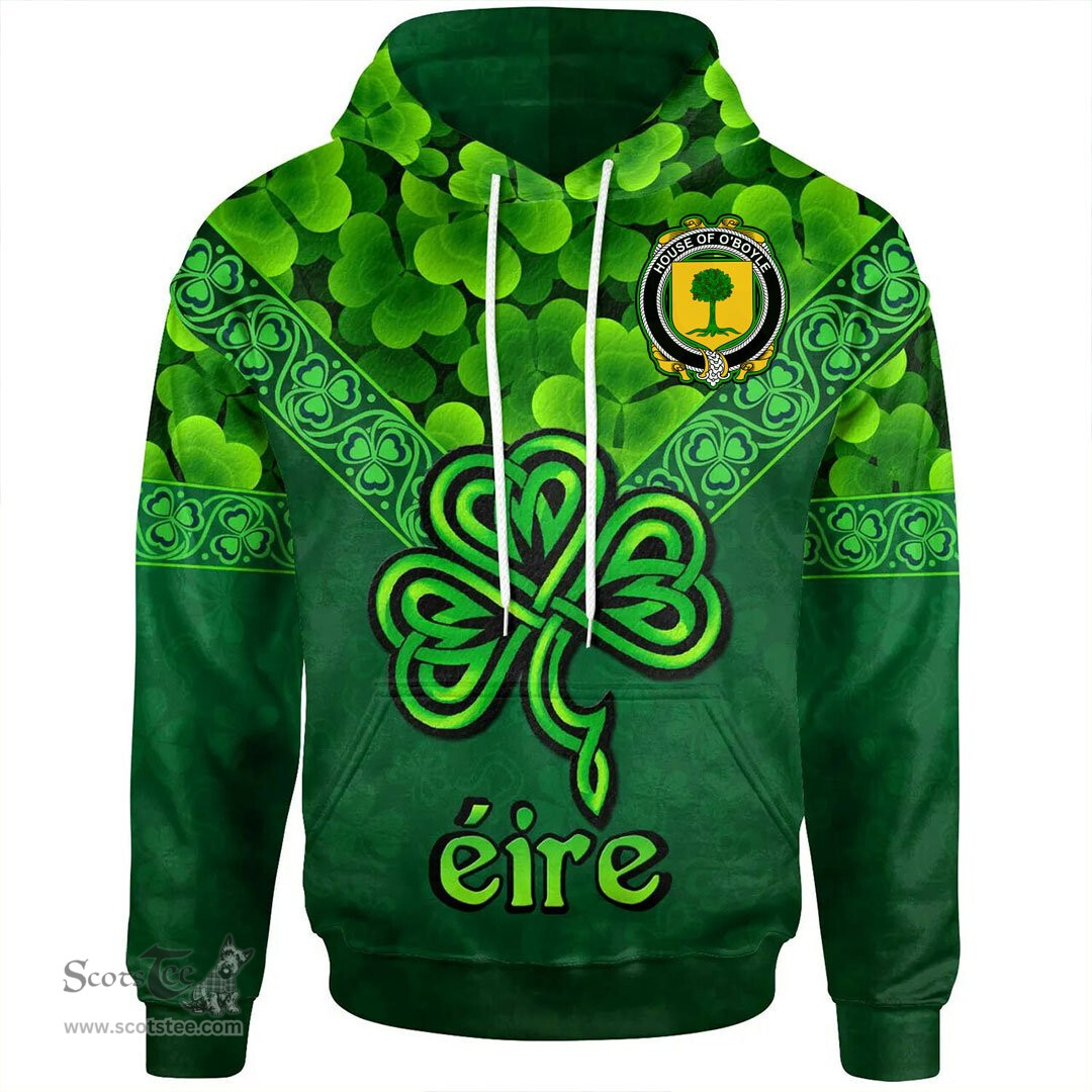 ScotsTee Shop Irish House of O'BOYLE Coat of Arms Irish Hoodie Ireland Shamrock Triangle Style