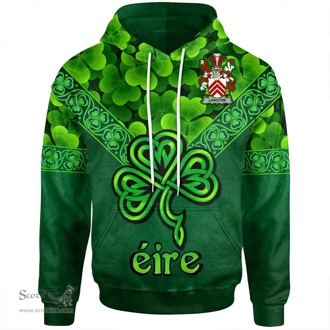 ScotsTee Shop Irish Langton Coat of Arms Irish Hoodie Ireland Shamrock Triangle Style