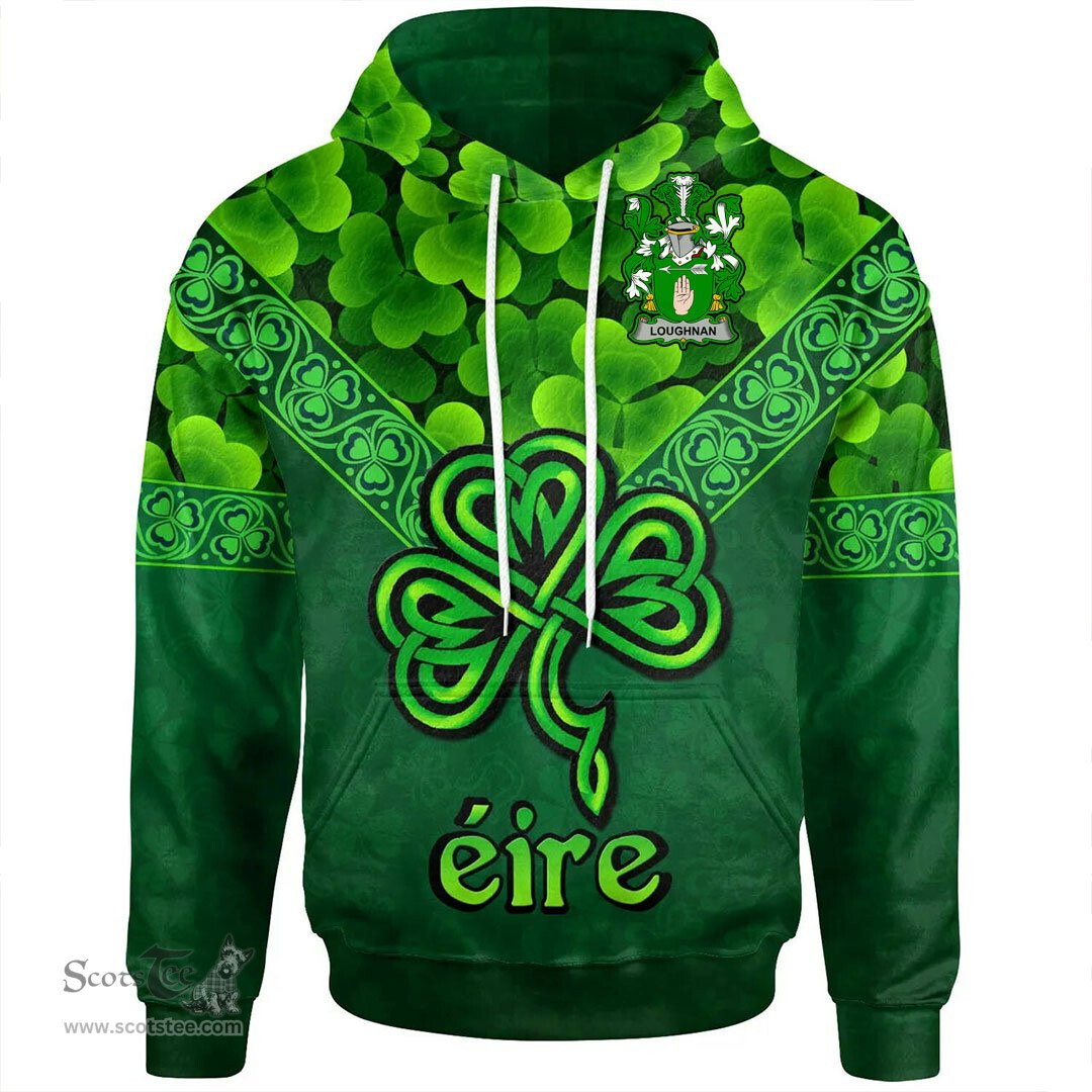 ScotsTee Shop Irish Loughnan or O'Loughnan Coat of Arms Irish Hoodie Ireland Shamrock Triangle Style