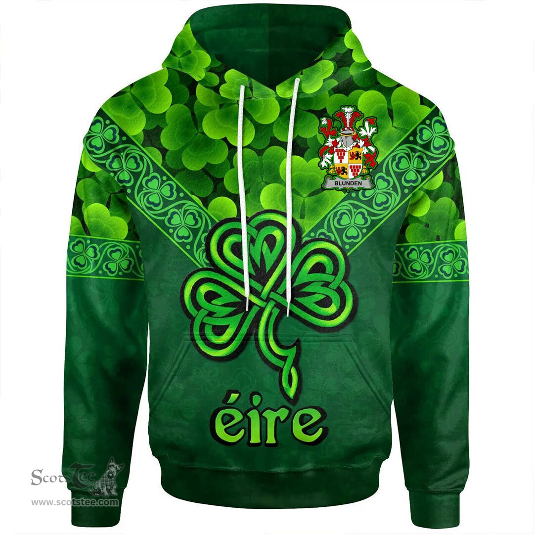 ScotsTee Shop Irish Blunden Coat of Arms Irish Hoodie Ireland Shamrock Triangle Style