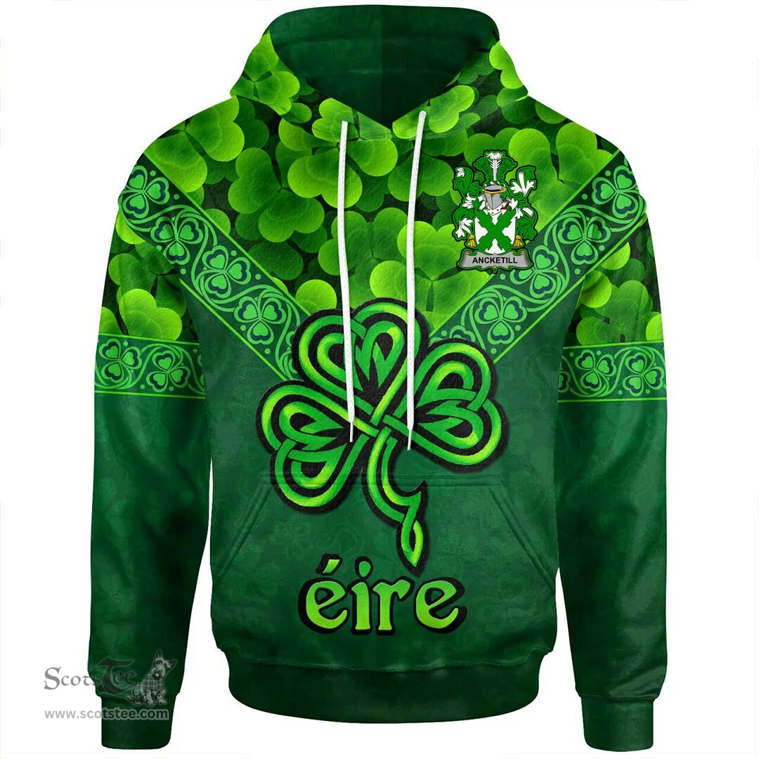 ScotsTee Shop Irish Ancketill Coat of Arms Irish Hoodie Ireland Shamrock Triangle Style