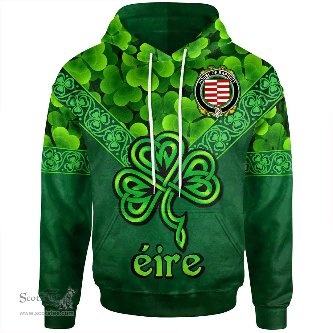 ScotsTee Shop Irish House of BARRETT Coat of Arms Irish Hoodie Ireland Shamrock Triangle Style