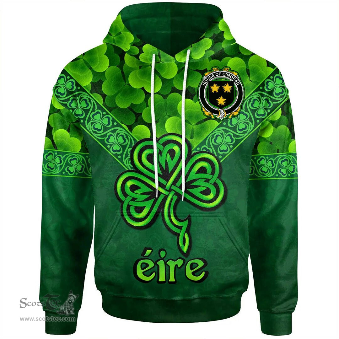 ScotsTee Shop Irish House of O'MORAN Coat of Arms Irish Hoodie Ireland Shamrock Triangle Style