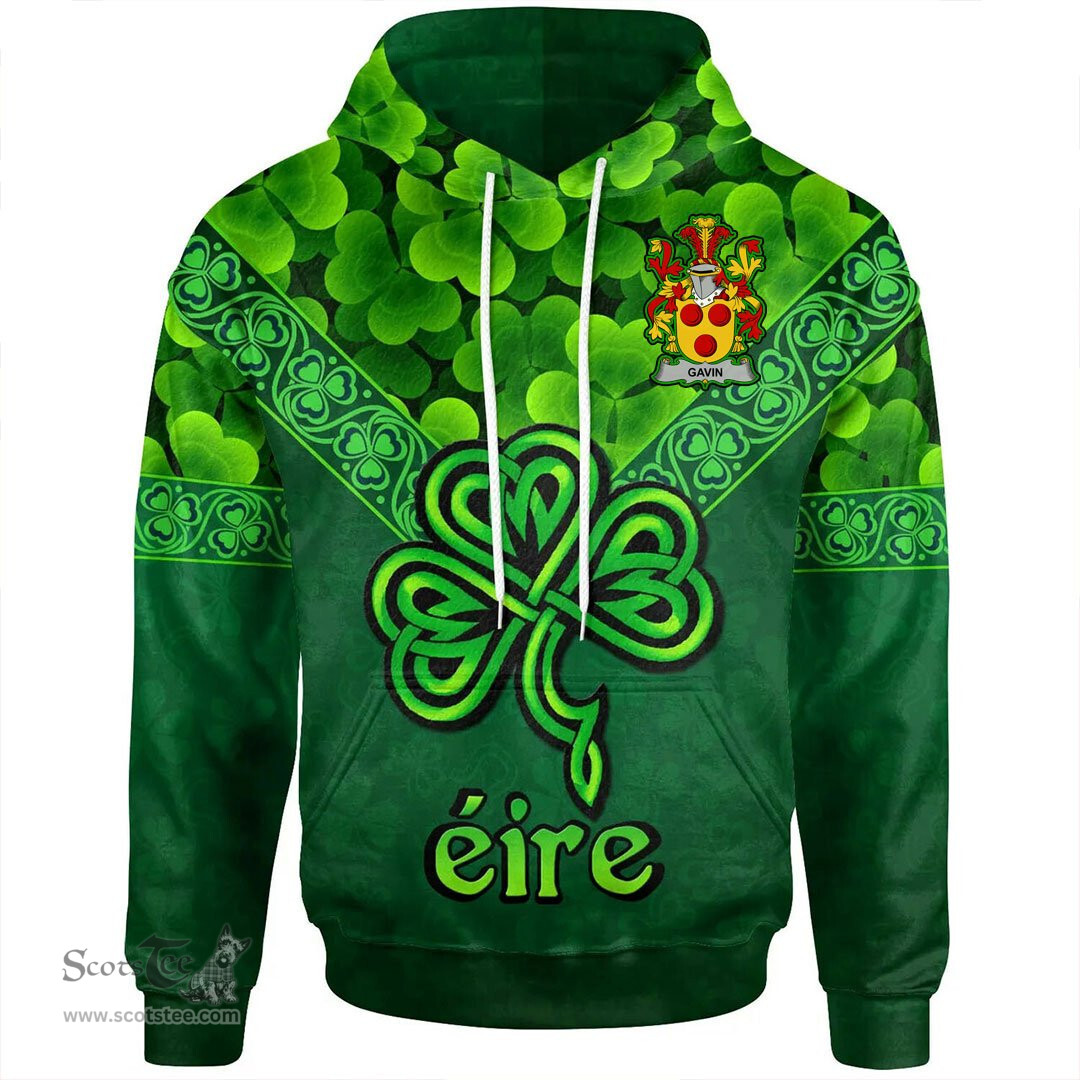 ScotsTee Shop Irish Gavin or O'Gavan Coat of Arms Irish Hoodie Ireland Shamrock Triangle Style