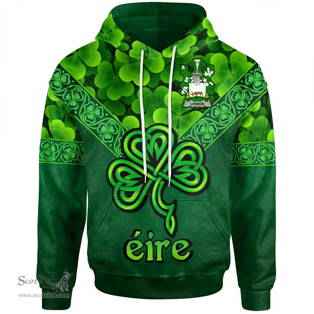ScotsTee Shop Irish Lennon or O'Lennon Coat of Arms Irish Hoodie Ireland Shamrock Triangle Style