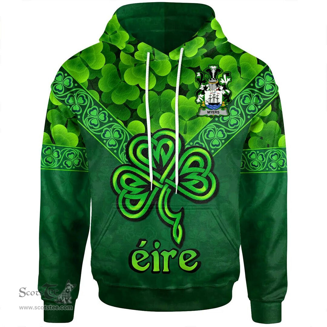ScotsTee Shop Irish Myers Coat of Arms Irish Hoodie Ireland Shamrock Triangle Style