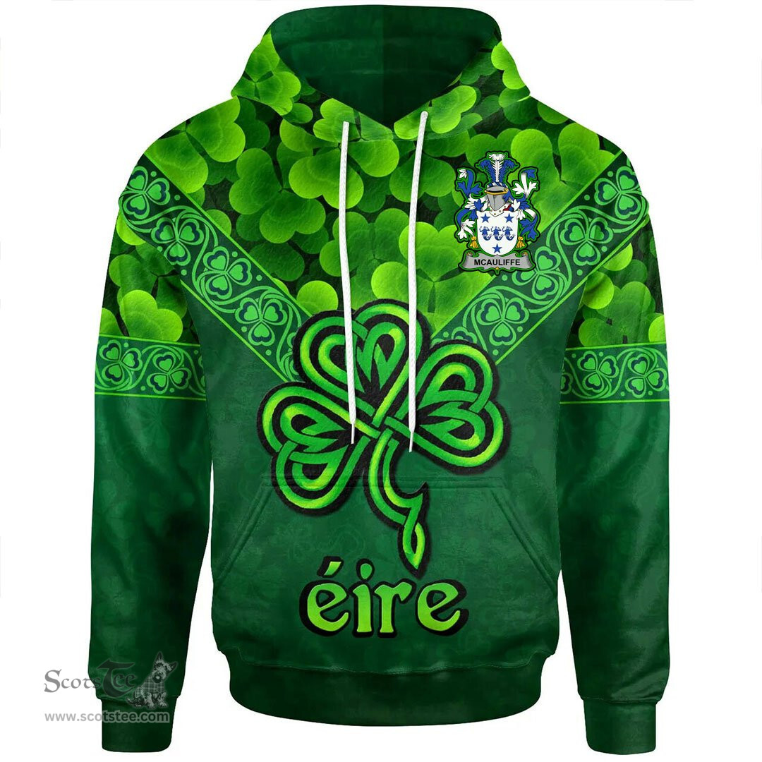 ScotsTee Shop Irish McAuliffe Coat of Arms Irish Hoodie Ireland Shamrock Triangle Style