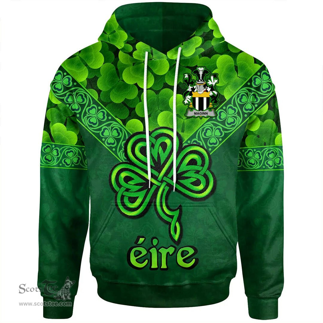 ScotsTee Shop Irish Maginn or Ginn Coat of Arms Irish Hoodie Ireland Shamrock Triangle Style