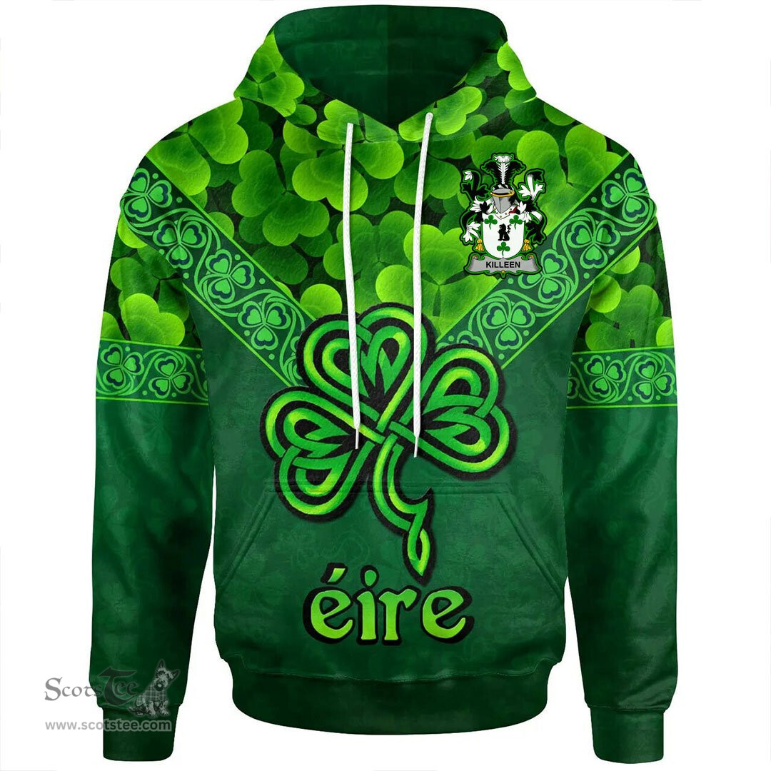 ScotsTee Shop Irish Killeen or O'Killeen Coat of Arms Irish Hoodie Ireland Shamrock Triangle Style