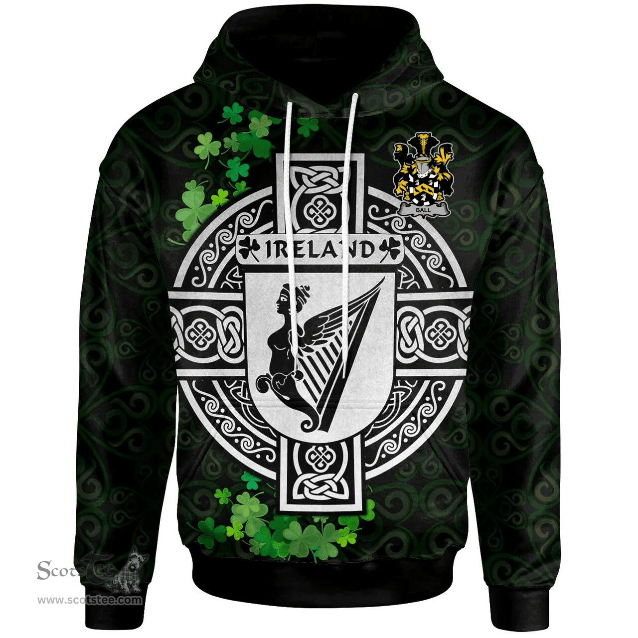 ScotsTee Shop Irish Ball Coat of Arms Irish Hoodie Celtic Ireland Coat Of Arms Badge Pewter Harp Pin