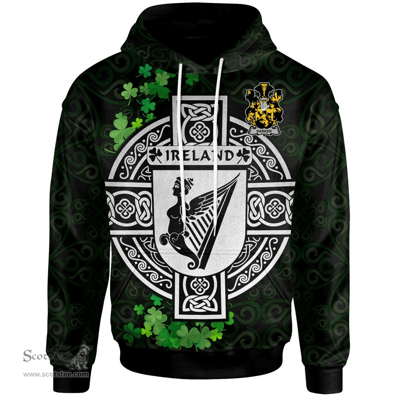 ScotsTee Shop Irish Barker Coat of Arms Irish Hoodie Celtic Ireland Coat Of Arms Badge Pewter Harp Pin