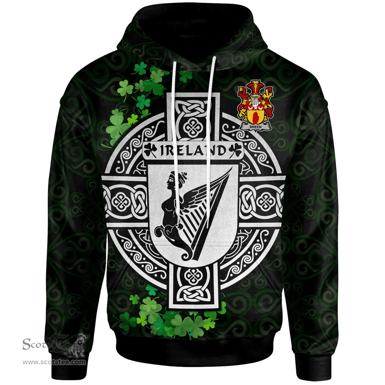ScotsTee Shop Irish Breen or O'Breen Coat of Arms Irish Hoodie Celtic Ireland Coat Of Arms Badge Pewter Harp Pin