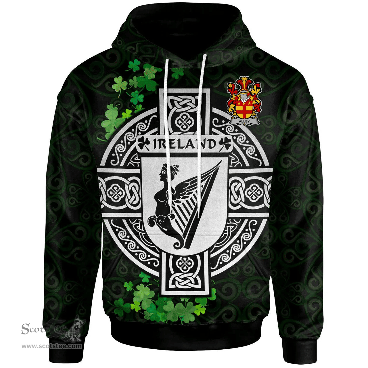 ScotsTee Shop Irish Alley Coat of Arms Irish Hoodie Celtic Ireland Coat Of Arms Badge Pewter Harp Pin