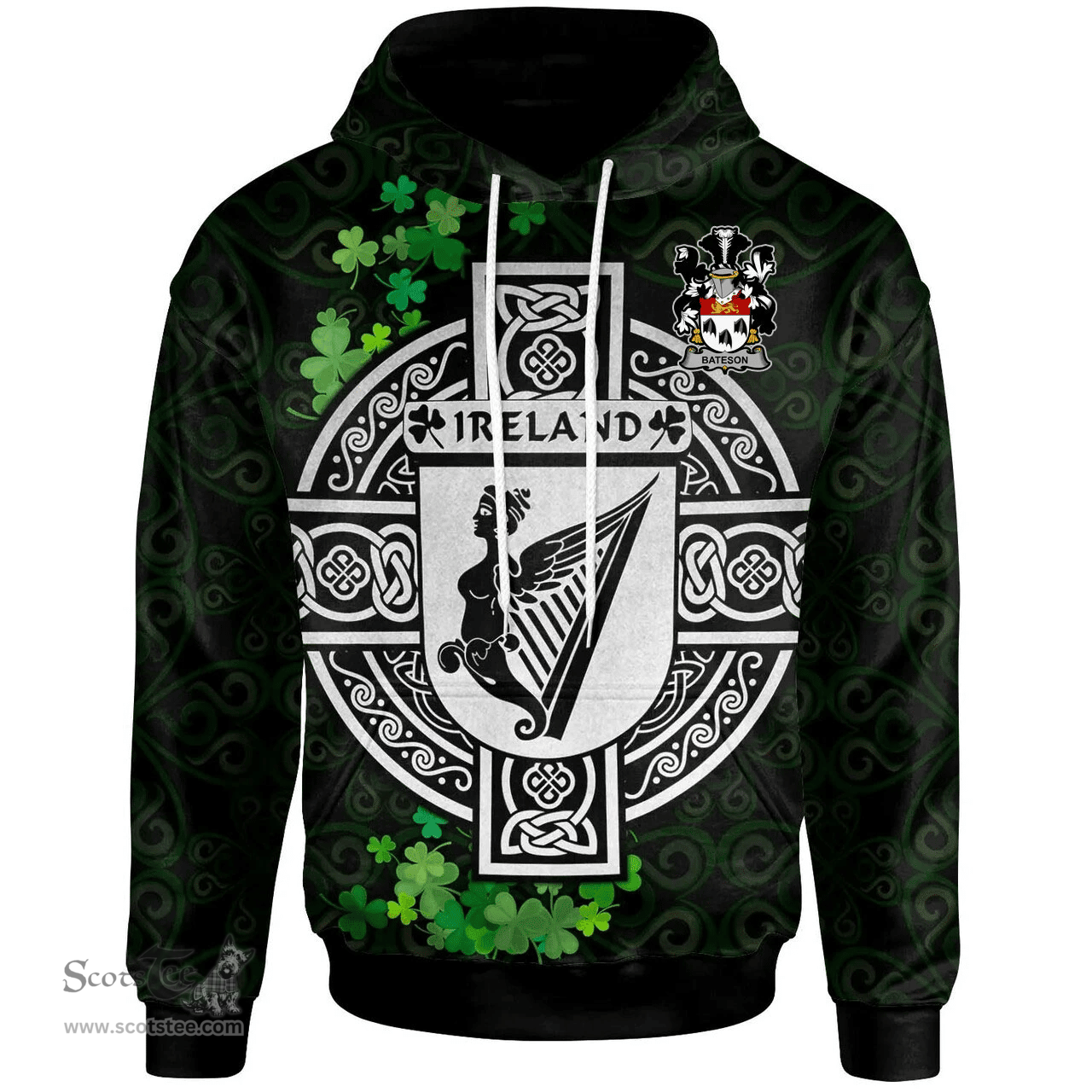 ScotsTee Shop Irish Bateson Coat of Arms Irish Hoodie Celtic Ireland Coat Of Arms Badge Pewter Harp Pin