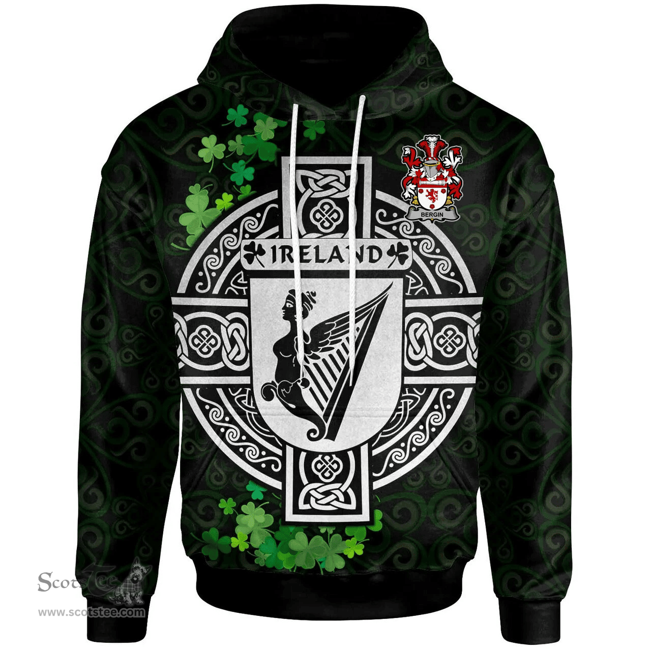 ScotsTee Shop Irish Bergin or O'Bergin Coat of Arms Irish Hoodie Celtic Ireland Coat Of Arms Badge Pewter Harp Pin