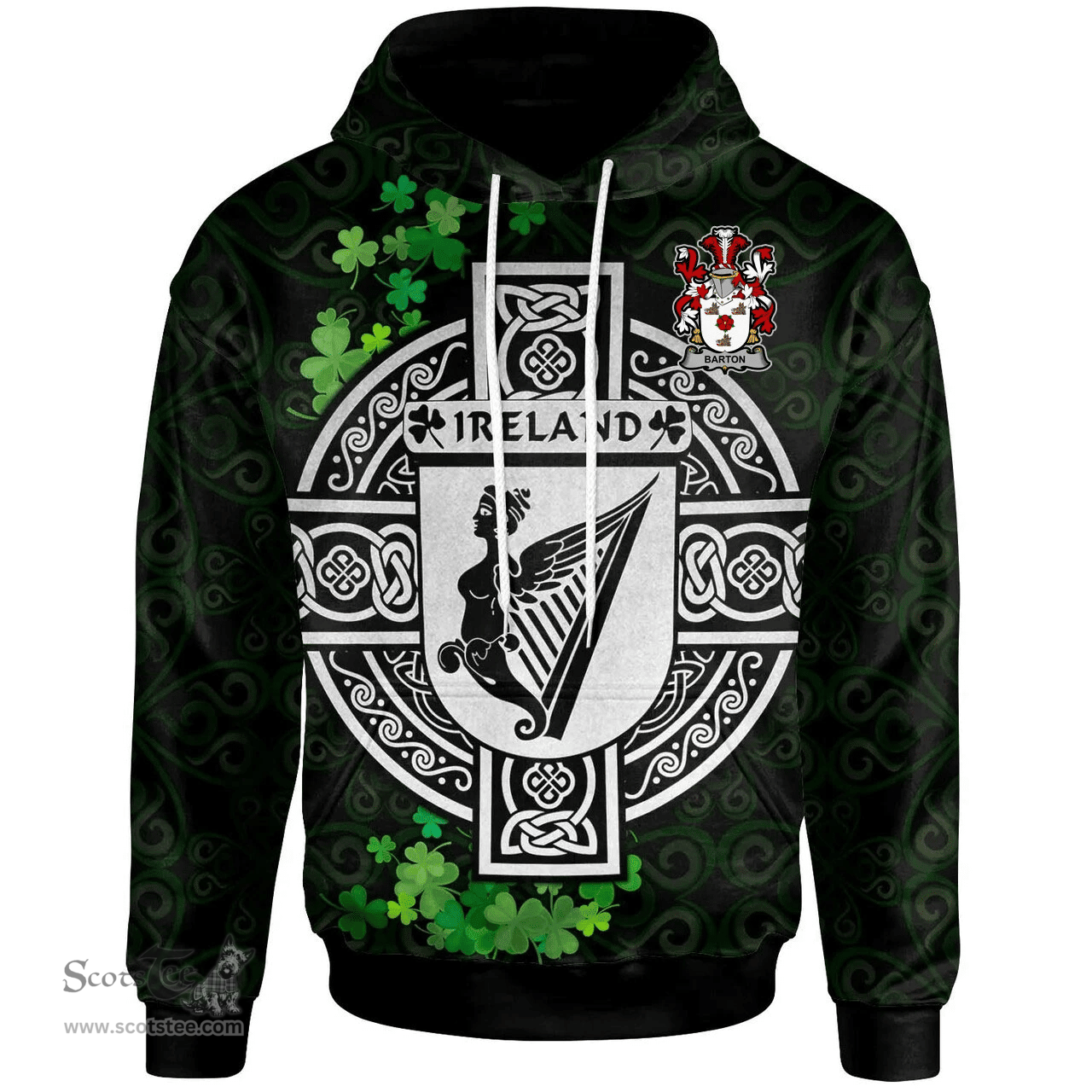 ScotsTee Shop Irish Barton Coat of Arms Irish Hoodie Celtic Ireland Coat Of Arms Badge Pewter Harp Pin