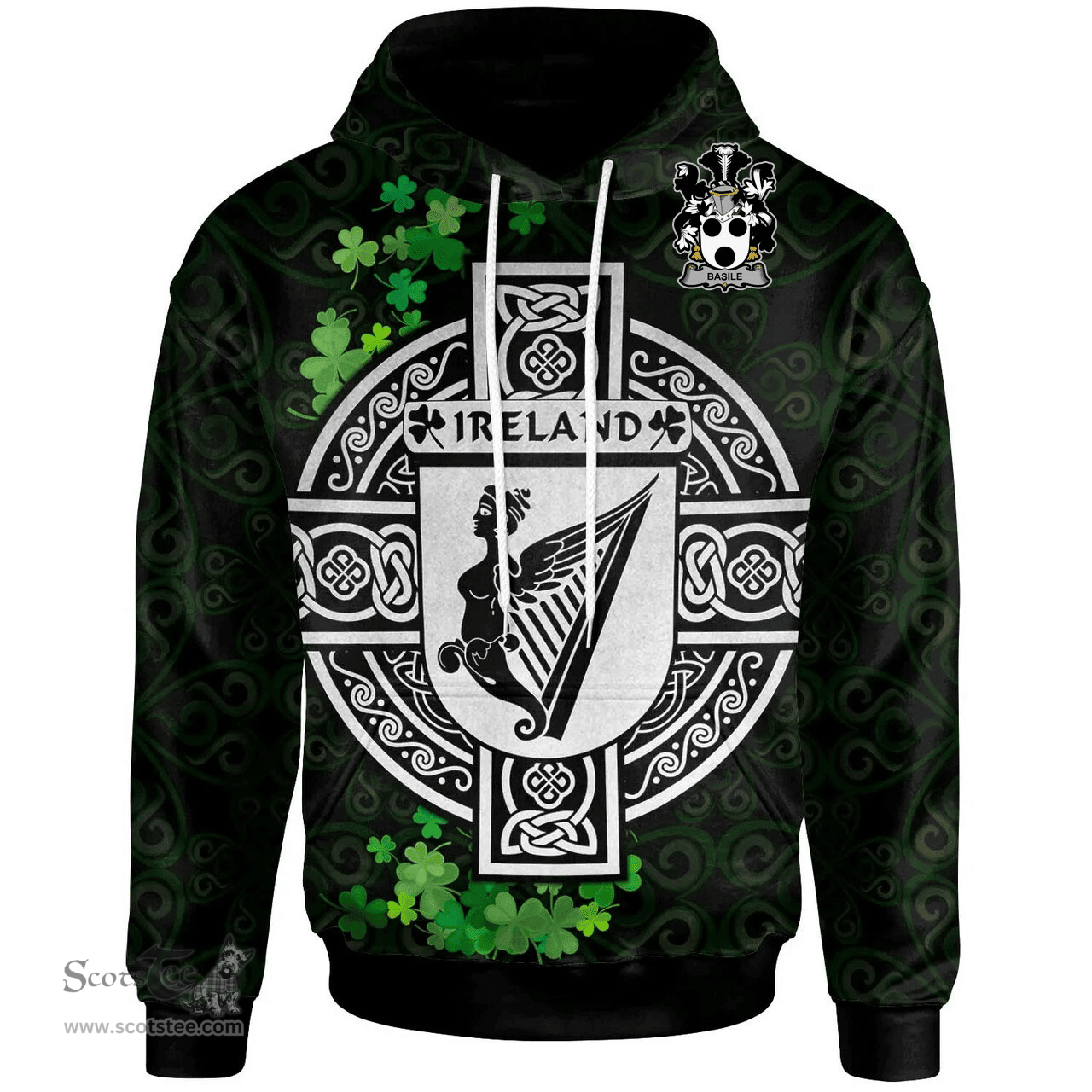 ScotsTee Shop Irish Basile Coat of Arms Irish Hoodie Celtic Ireland Coat Of Arms Badge Pewter Harp Pin