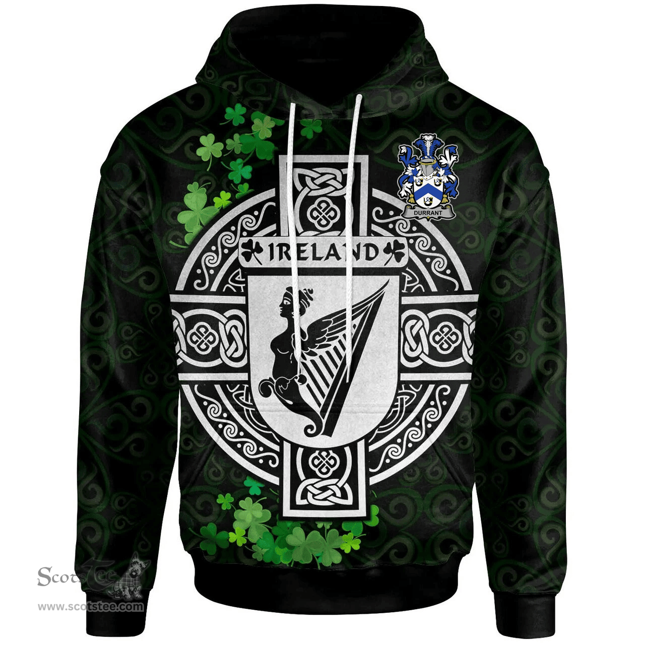 ScotsTee Shop Irish Durrant Coat of Arms Irish Hoodie Celtic Ireland Coat Of Arms Badge Pewter Harp Pin