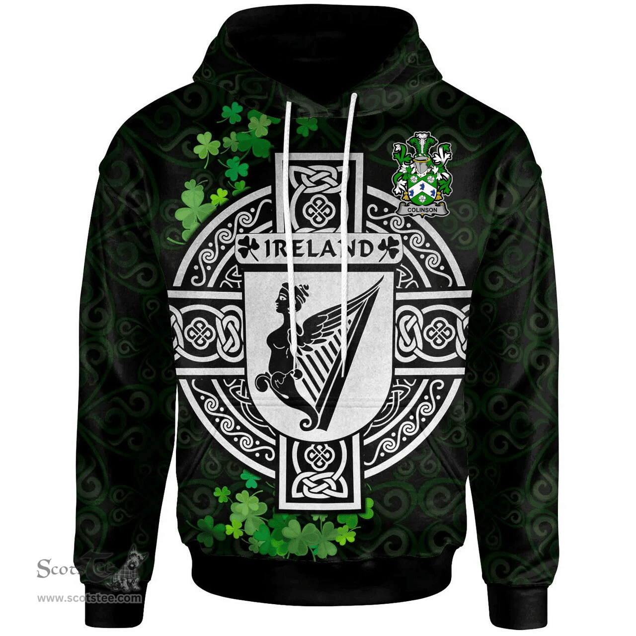 ScotsTee Shop Irish Colinson Coat of Arms Irish Hoodie Celtic Ireland Coat Of Arms Badge Pewter Harp Pin