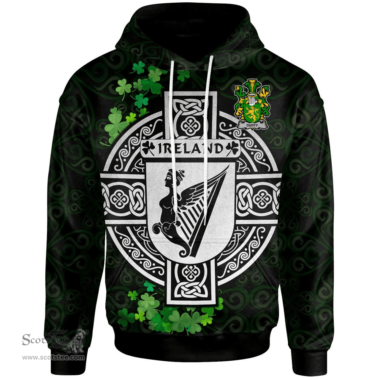 ScotsTee Shop Irish Duffy or O'Duffy Coat of Arms Irish Hoodie Celtic Ireland Coat Of Arms Badge Pewter Harp Pin
