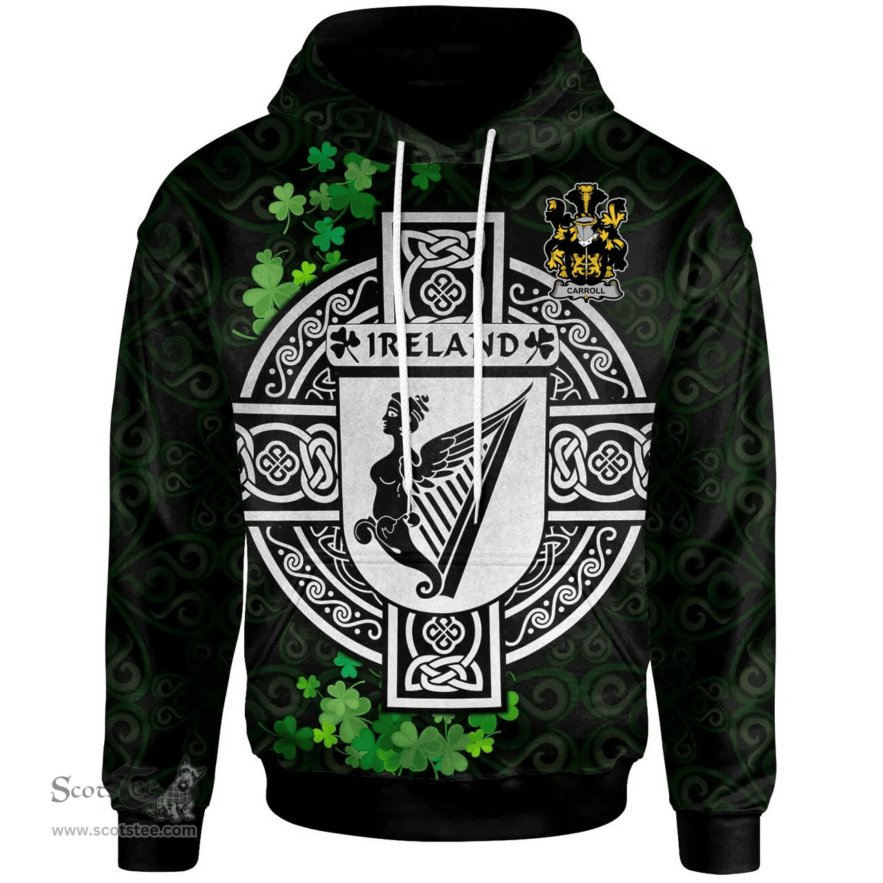 ScotsTee Shop Irish Carroll or O'Carroll Coat of Arms Irish Hoodie Celtic Ireland Coat Of Arms Badge Pewter Harp Pin