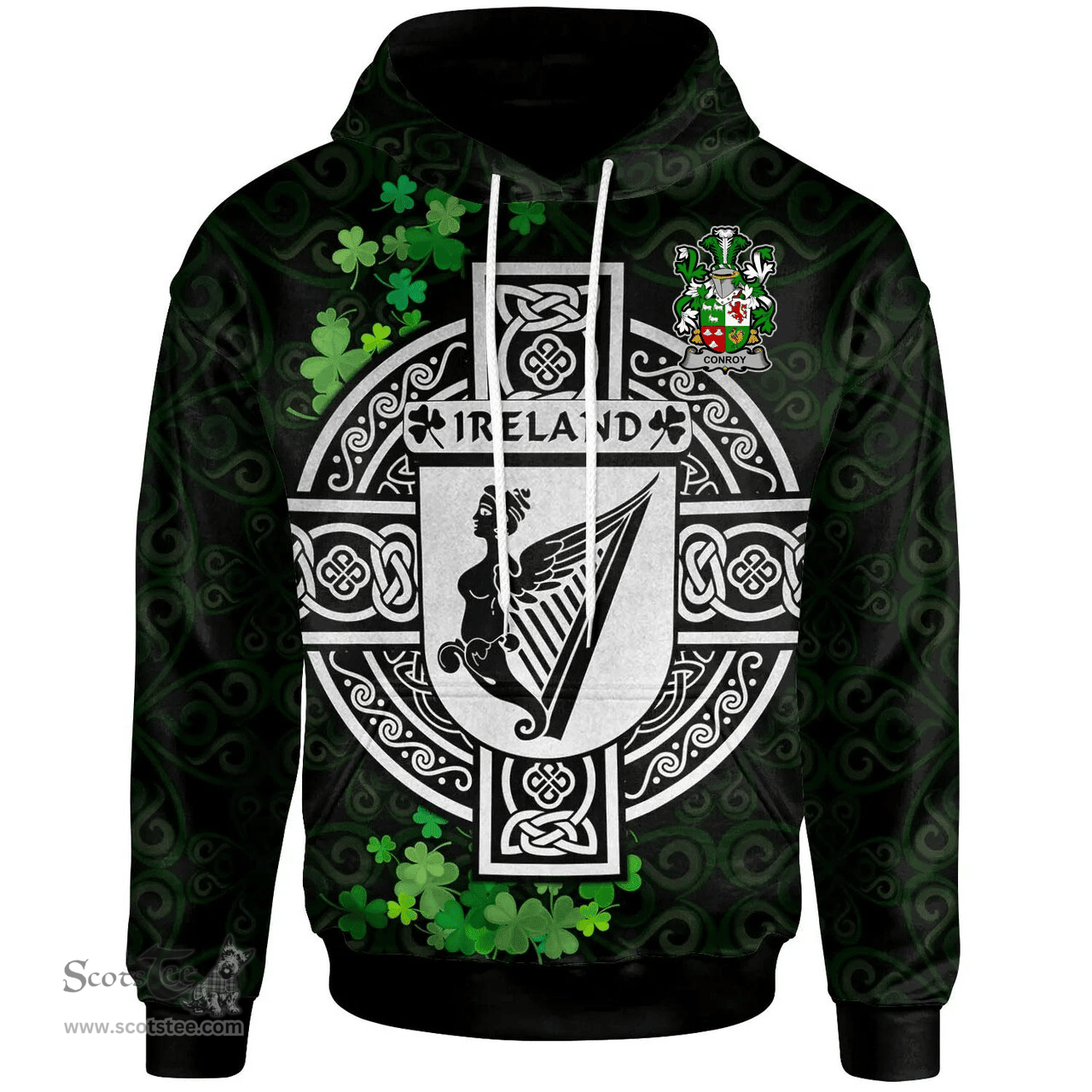 ScotsTee Shop Irish Conroy or O'Conry Coat of Arms Irish Hoodie Celtic Ireland Coat Of Arms Badge Pewter Harp Pin