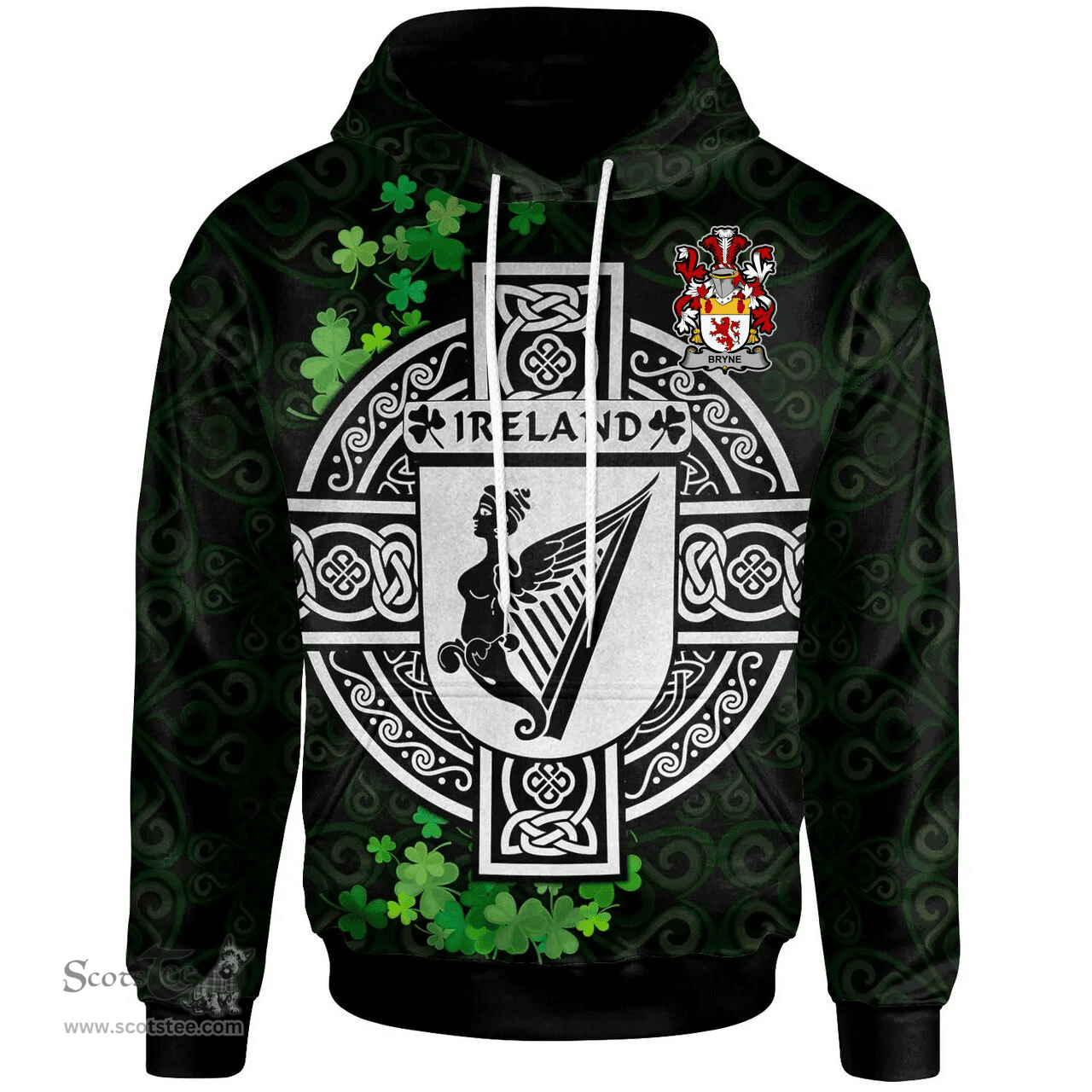 ScotsTee Shop Irish Bryne or Brinn Coat of Arms Irish Hoodie Celtic Ireland Coat Of Arms Badge Pewter Harp Pin