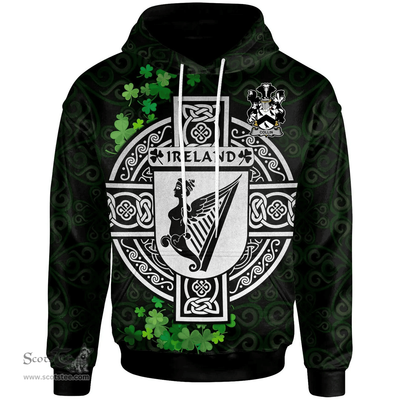 ScotsTee Shop Irish Collin Coat of Arms Irish Hoodie Celtic Ireland Coat Of Arms Badge Pewter Harp Pin