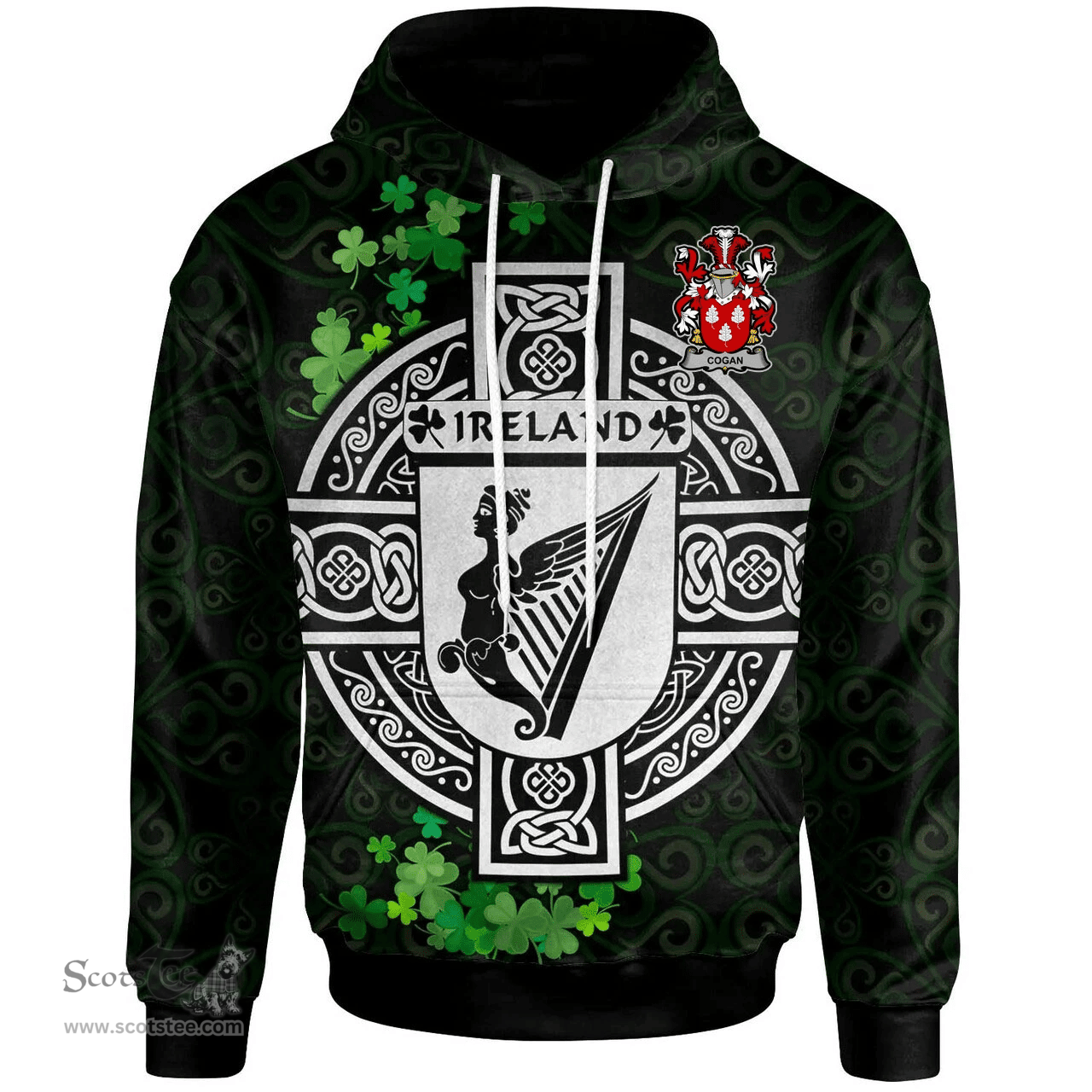 ScotsTee Shop Irish Cogan or O'Cogan Coat of Arms Irish Hoodie Celtic Ireland Coat Of Arms Badge Pewter Harp Pin