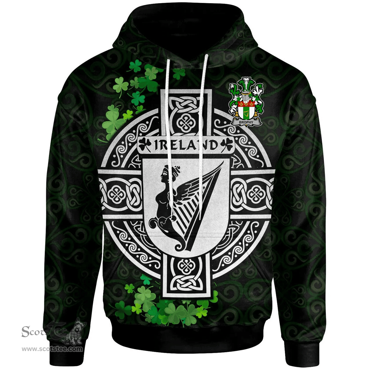 ScotsTee Shop Irish Brophy or O'Brophy Coat of Arms Irish Hoodie Celtic Ireland Coat Of Arms Badge Pewter Harp Pin