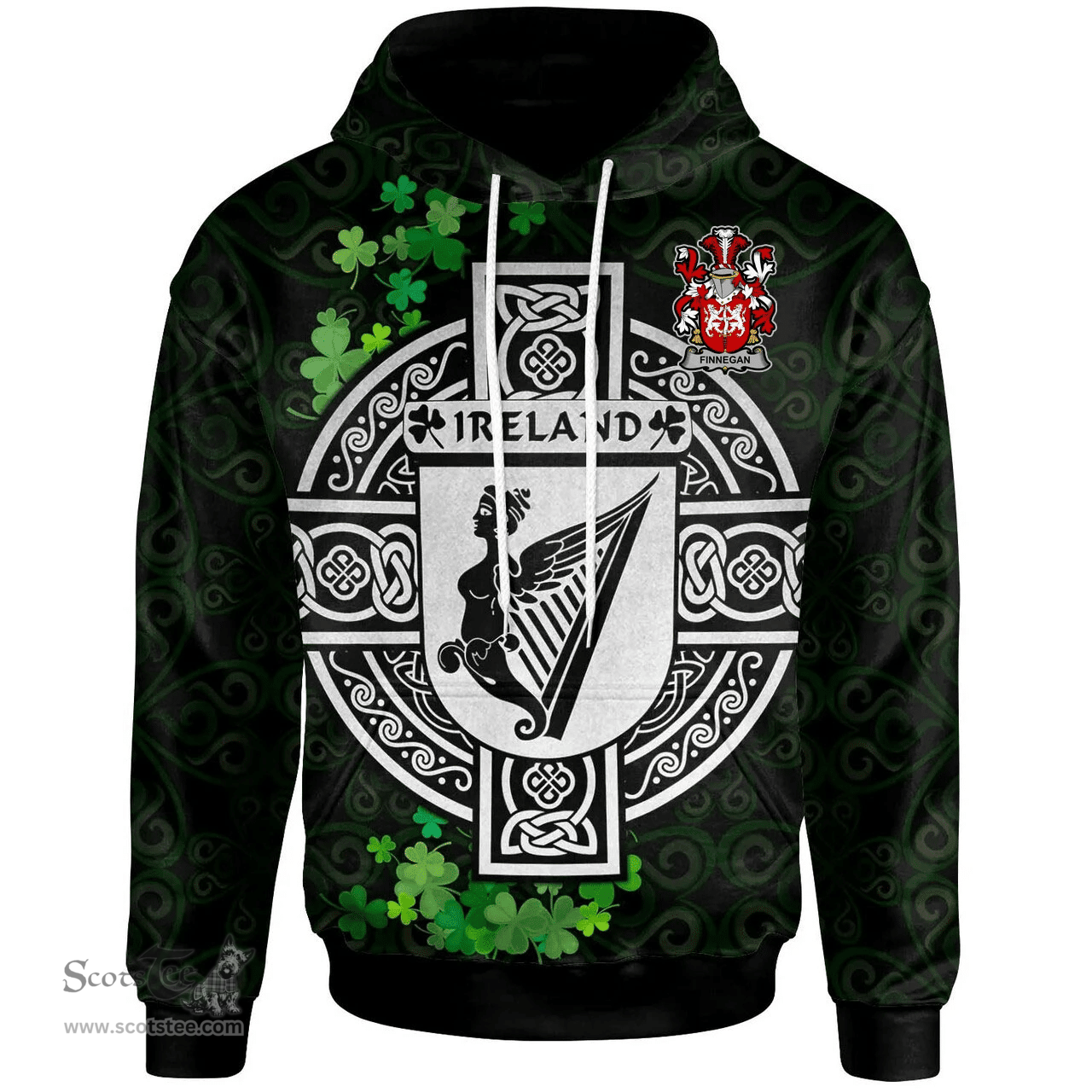 ScotsTee Shop Irish Finnegan or O'Finnegan Coat of Arms Irish Hoodie Celtic Ireland Coat Of Arms Badge Pewter Harp Pin