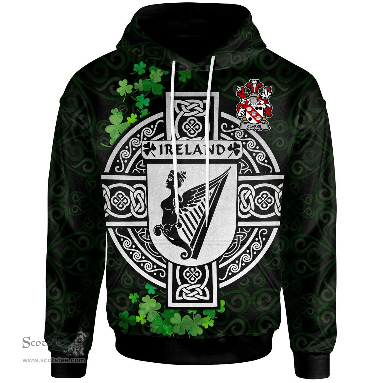 ScotsTee Shop Irish Clarke Coat of Arms Irish Hoodie Celtic Ireland Coat Of Arms Badge Pewter Harp Pin