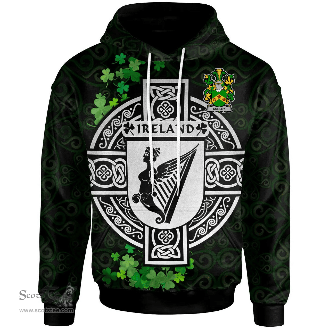 ScotsTee Shop Irish Curley or McTurley Coat of Arms Irish Hoodie Celtic Ireland Coat Of Arms Badge Pewter Harp Pin