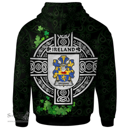 ScotsTee Shop Irish Brosnan or O'Brosnan Coat of Arms Irish Hoodie Celtic Ireland Coat Of Arms Badge Pewter Harp Pin