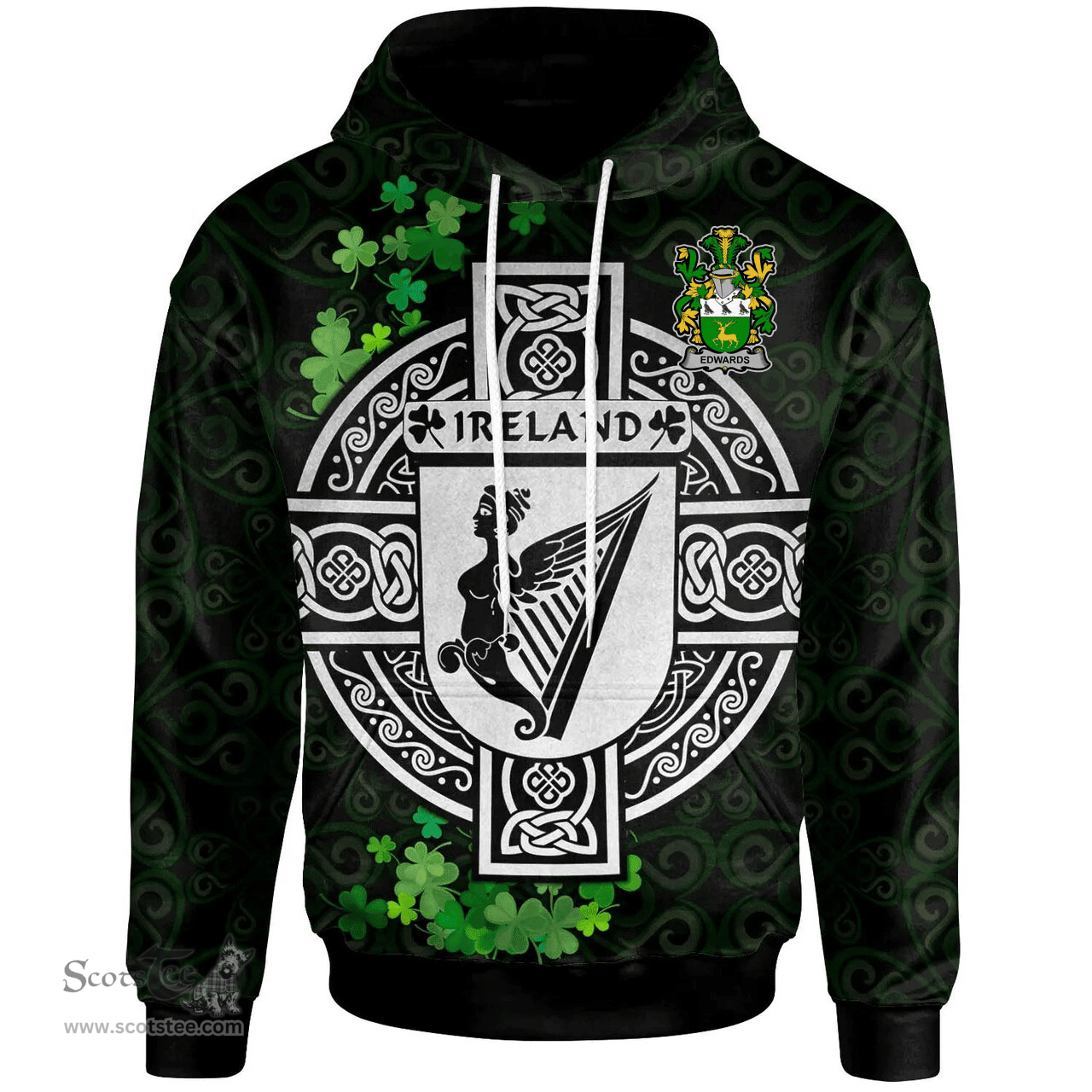 ScotsTee Shop Irish Edwards Coat of Arms Irish Hoodie Celtic Ireland Coat Of Arms Badge Pewter Harp Pin