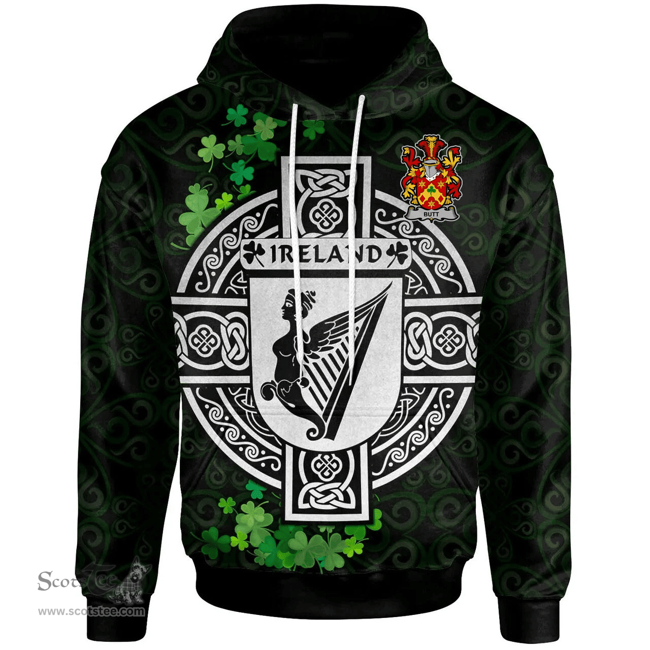 ScotsTee Shop Irish Butt Coat of Arms Irish Hoodie Celtic Ireland Coat Of Arms Badge Pewter Harp Pin