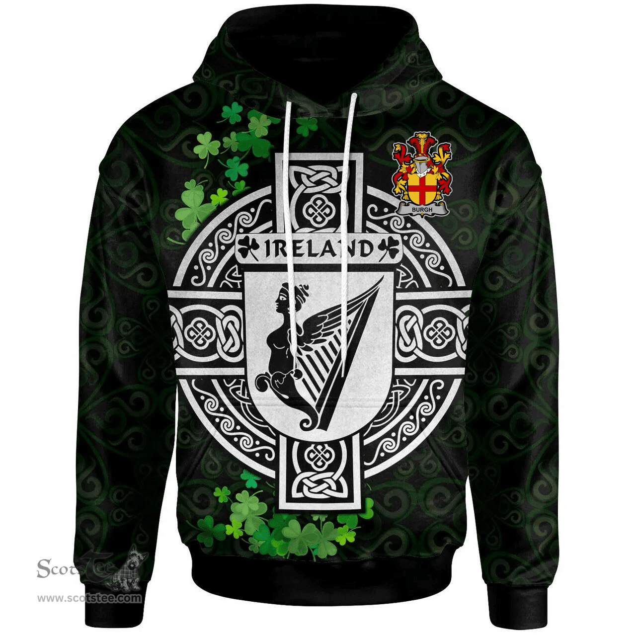 ScotsTee Shop Irish Burgh Coat of Arms Irish Hoodie Celtic Ireland Coat Of Arms Badge Pewter Harp Pin