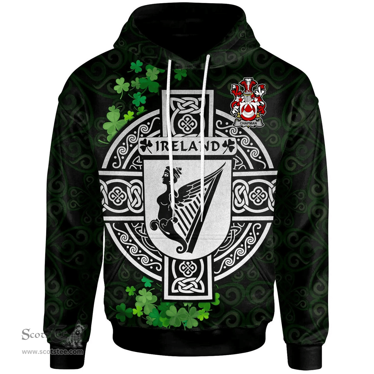 ScotsTee Shop Irish Chapman Coat of Arms Irish Hoodie Celtic Ireland Coat Of Arms Badge Pewter Harp Pin