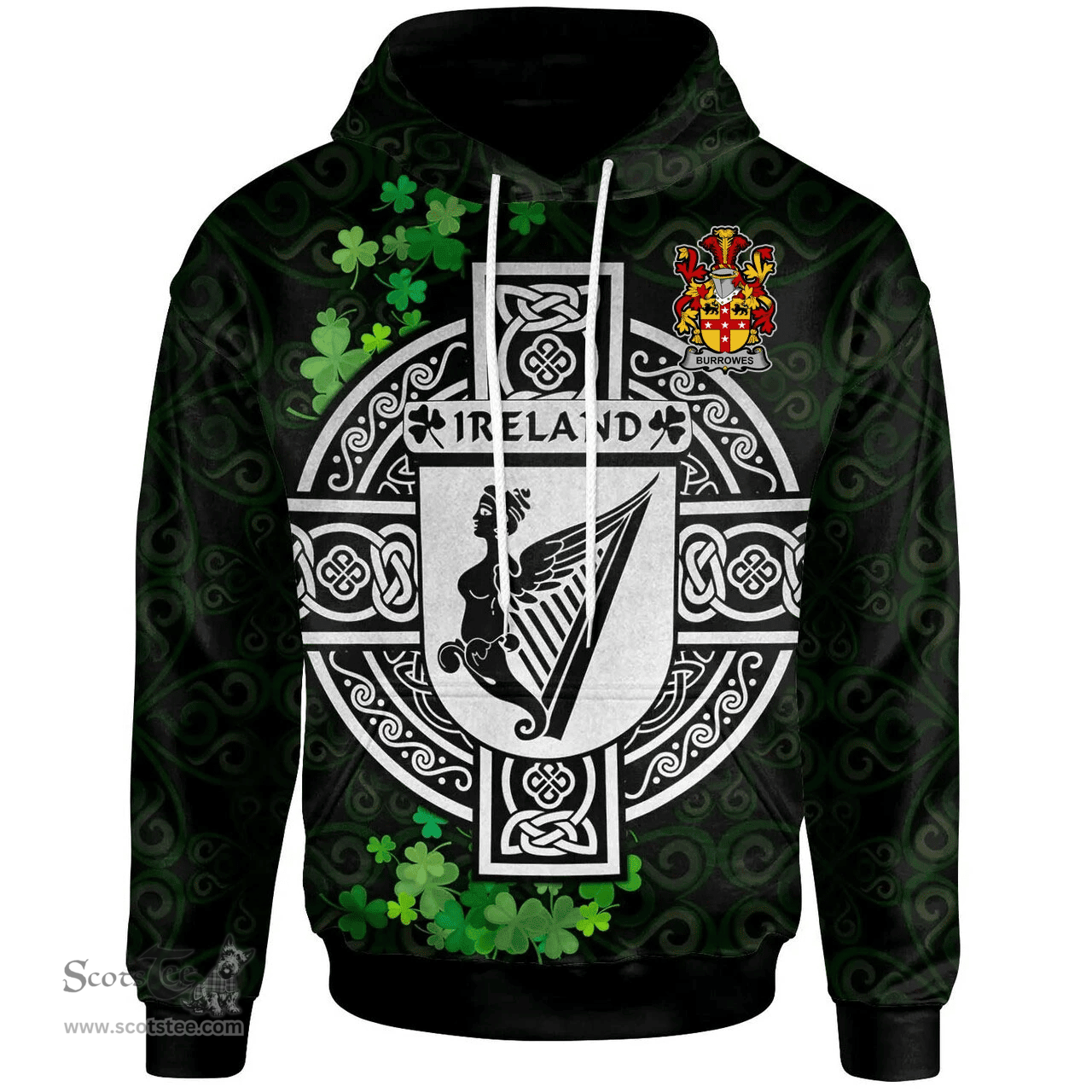 ScotsTee Shop Irish Burrowes Coat of Arms Irish Hoodie Celtic Ireland Coat Of Arms Badge Pewter Harp Pin