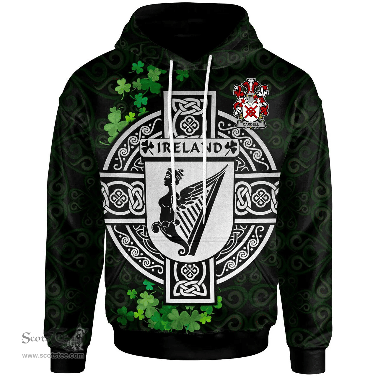 ScotsTee Shop Irish Cardell Coat of Arms Irish Hoodie Celtic Ireland Coat Of Arms Badge Pewter Harp Pin