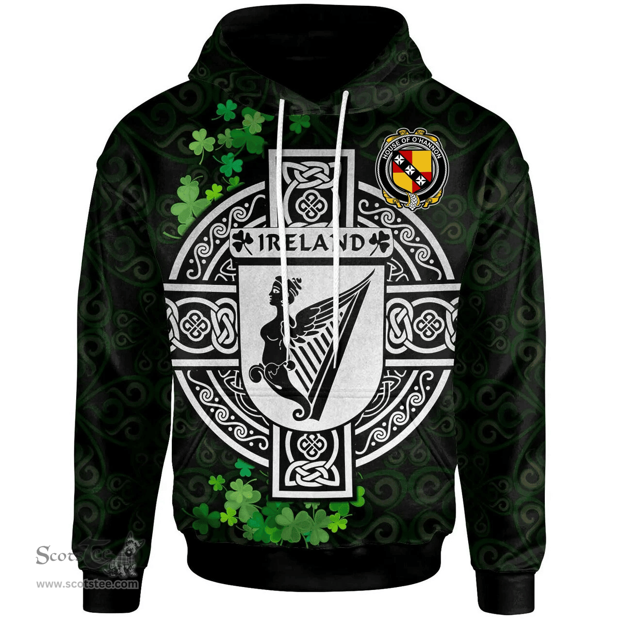 ScotsTee Shop Irish House of O'HANNON Coat of Arms Irish Hoodie Celtic Ireland Coat Of Arms Badge Pewter Harp Pin