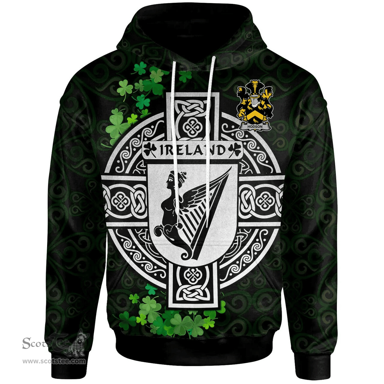 ScotsTee Shop Irish Hodson Coat of Arms Irish Hoodie Celtic Ireland Coat Of Arms Badge Pewter Harp Pin